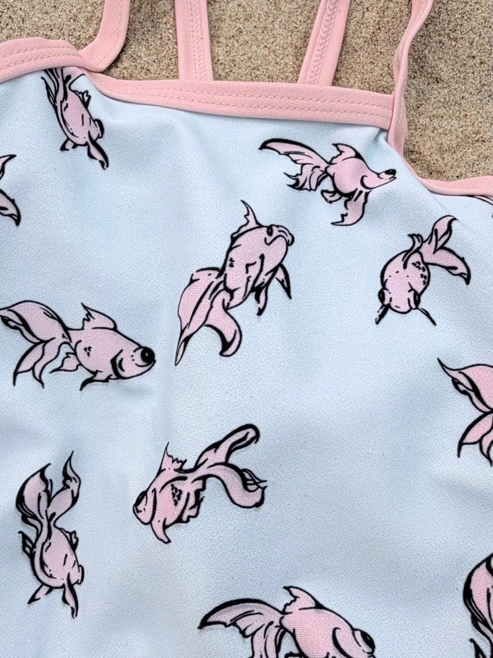 Lively Light Blue One-Piece Swimsuit with Pink Goldfish Print